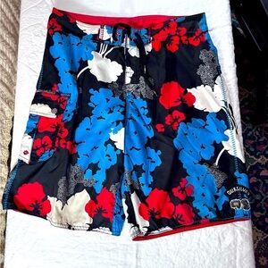 Quicksilver Vintage Hawaiian Embroidered/Patched Board Shorts Swimwear Size 34